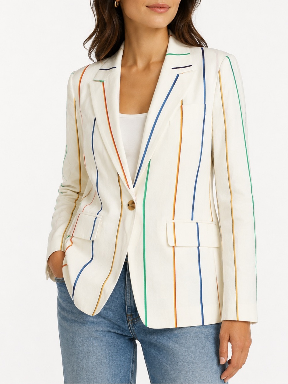 Derek Lam‎ 10 Crosby Womens One Button Linen Striped Blazer Jacket White
Multi 4